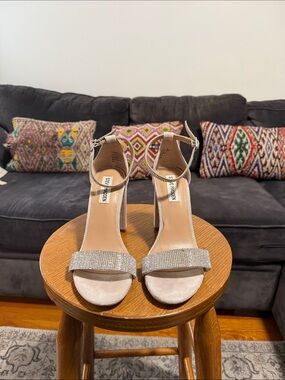 Steve Madden Beige Rhinestone Ankle Strap Block Heels